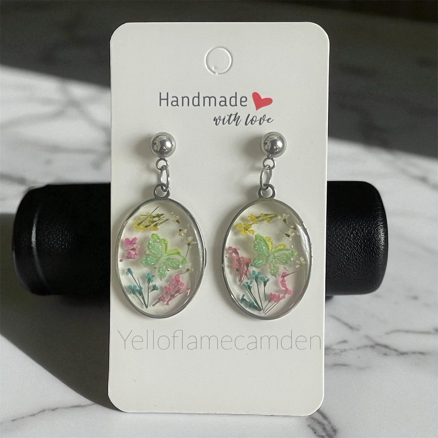 Oval Silver-Tone Resin Earrings with Pressed Flowers & Butterfly