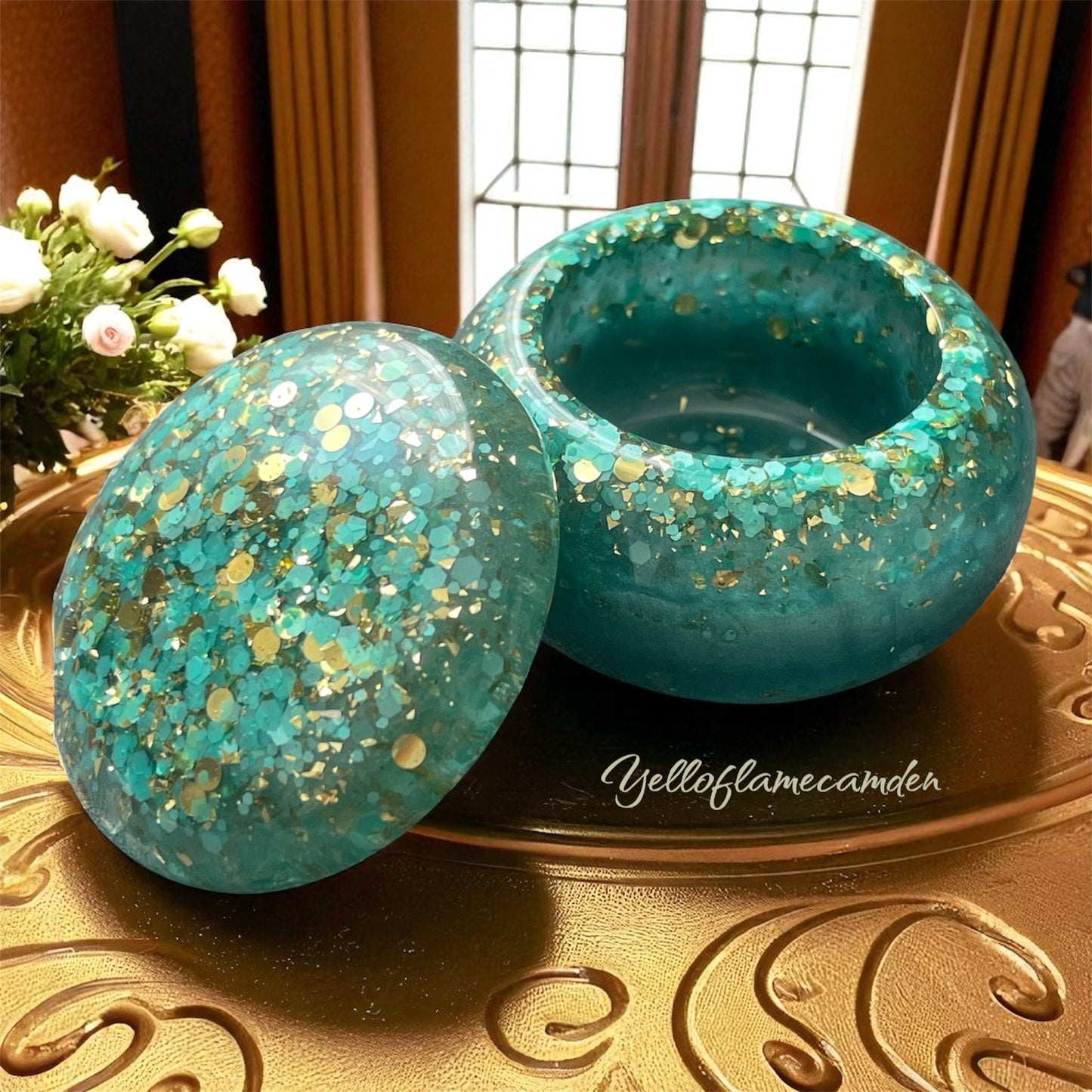 Teal & Gold Glitter Resin Trinket Pot with Lid – Handmade Jewellery Box – YelloFlameCamden