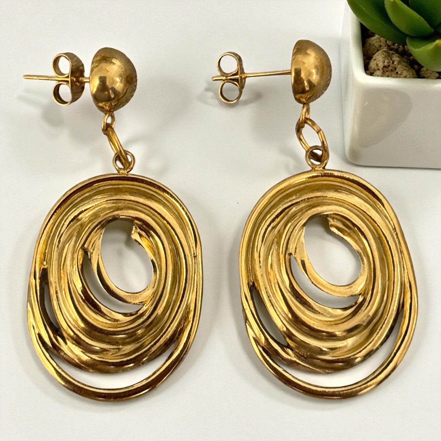 Stainless Steel Abstract Spiral Drop Earrings – Silver Tone