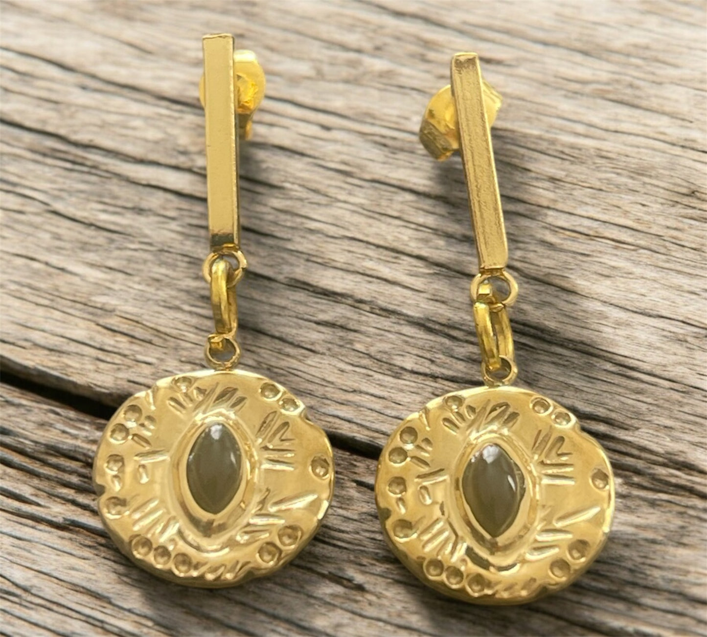 Handmade Gold Drop Earrings with Black Stone