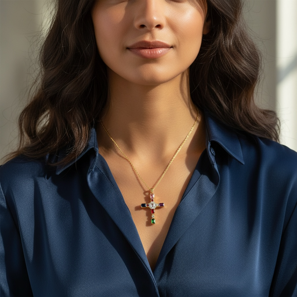 Multicolour Gem Cross Necklace – 18K Gold Plated Stainless Steel