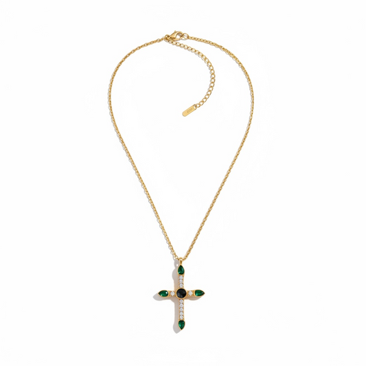 Emerald Teardrop Cross Necklace – 18K Gold Plated Stainless Steel