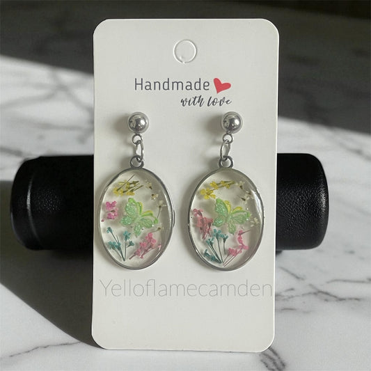 Oval Silver-Tone Resin Earrings with Pressed Flowers & Butterfly