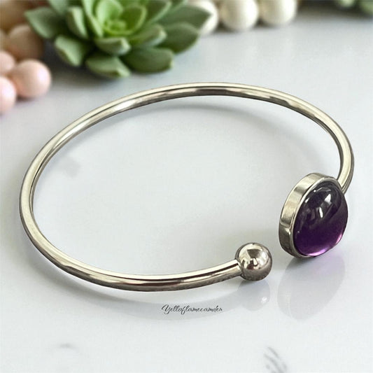 Silver Stainless Steel Bangle with Amethyst