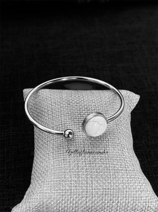 Silver Stainless Steel Bangle with White Howlite