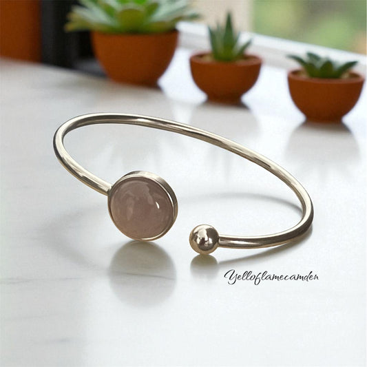 Silver Stainless Steel Bangle with Rose Quartz
