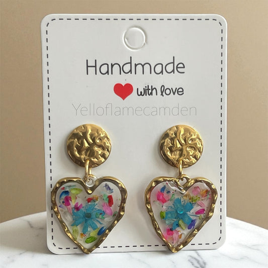 Gold-Tone Heart Resin Earrings with Pressed Flowers