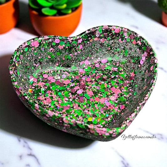 Green, Pink & Silver Glitter Heart Resin Trinket Dish – Handmade Jewellery Holder – YelloFlameCamden