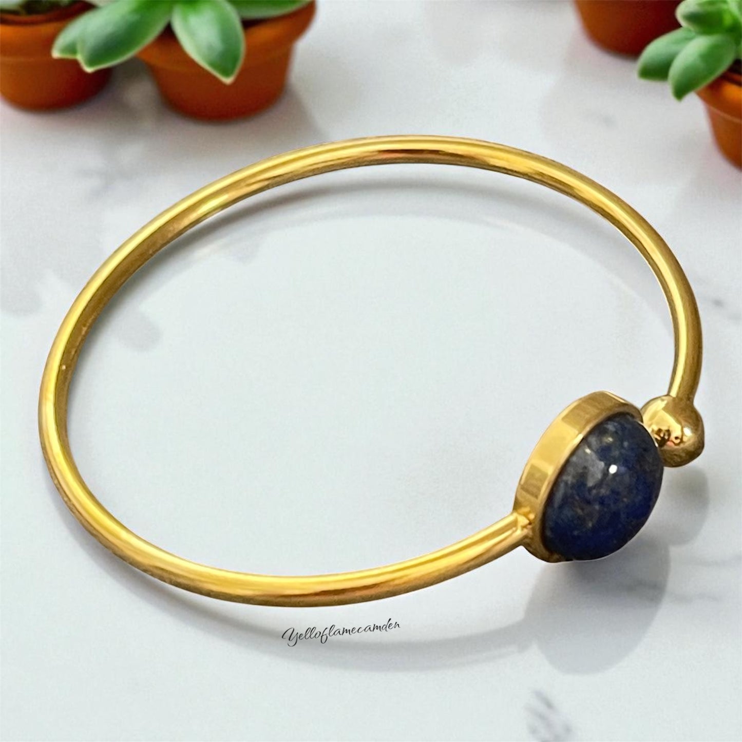 Gold Stainless Steel Bangle with Lapis Lazuli