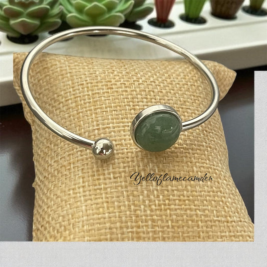 Silver Stainless Steel Bangle with Green Aventurine