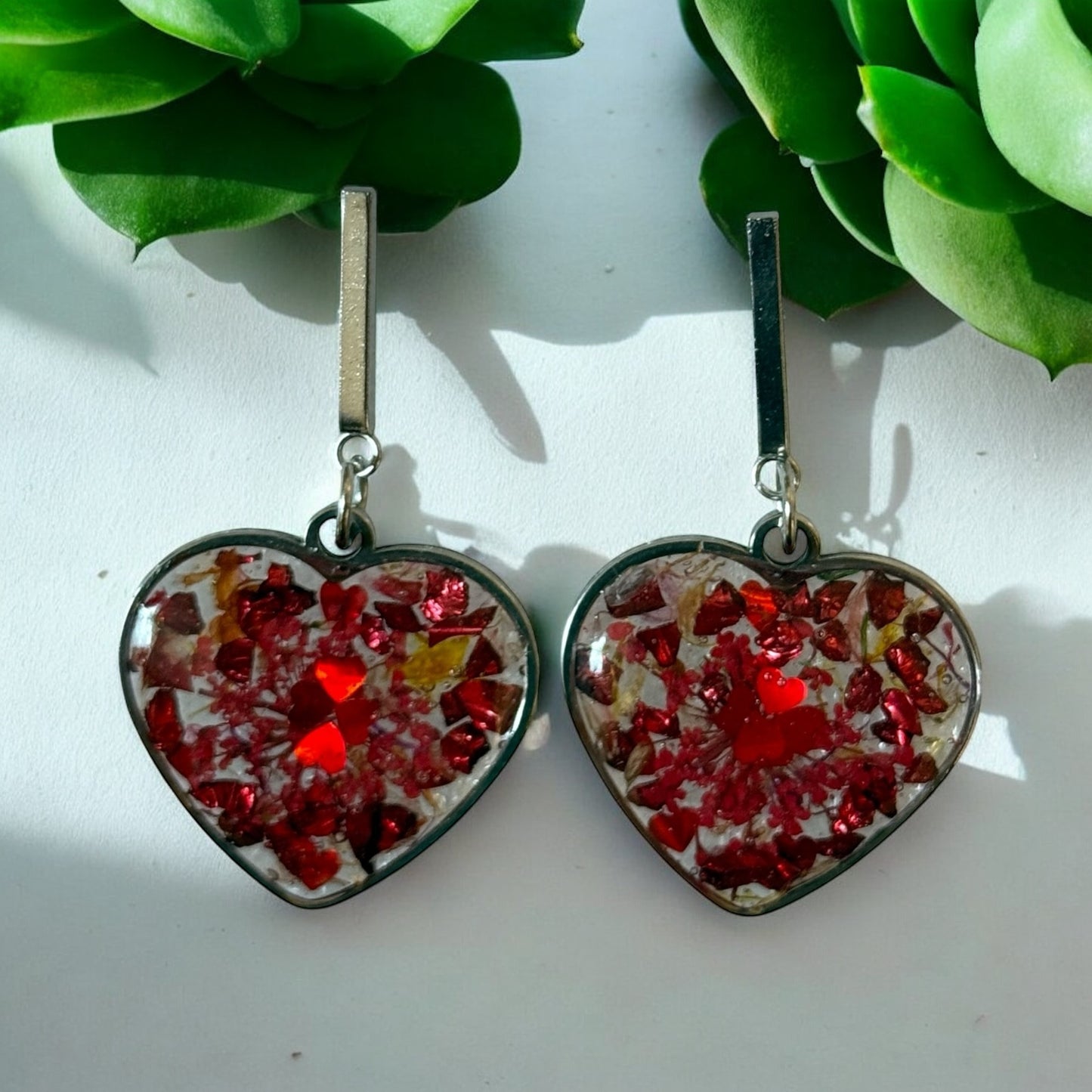Red Heart Shimmer Drop Earrings