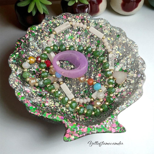 Silver, Green & Pink Glitter Resin Shell Trinket Dish – Handmade Jewellery Holder – YelloFlameCamden