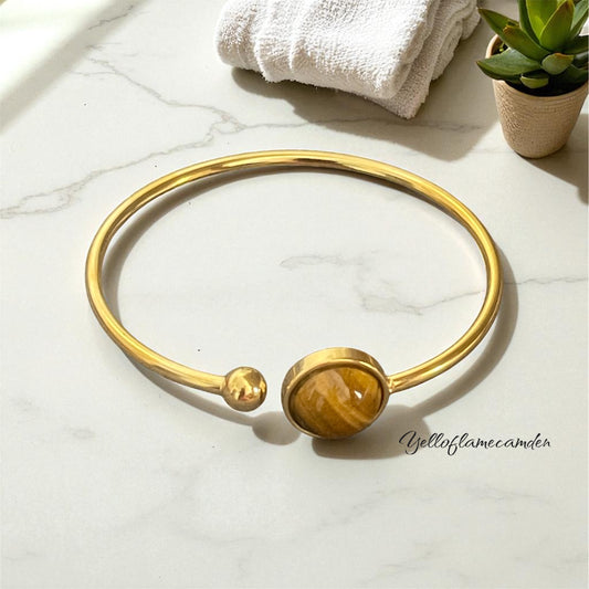 Silver Stainless Steel Bangle with Tiger’s Eye