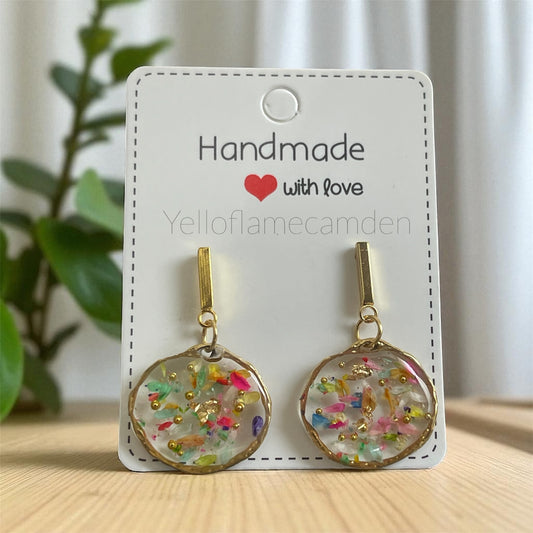 Gold-Tone Circle Resin Earrings with Pressed Flowers