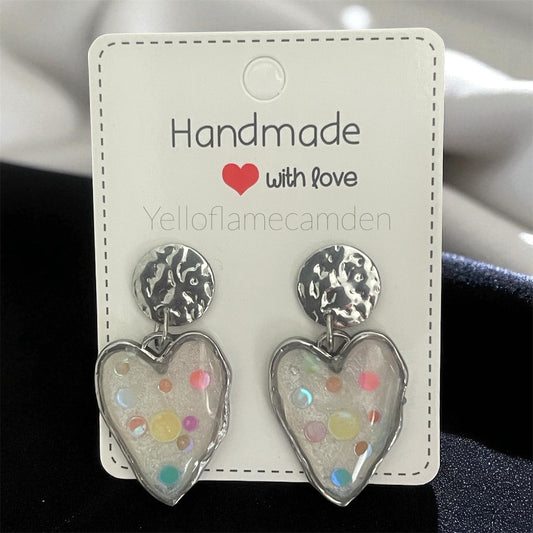 Silver-Tone Heart Resin Earrings with Confetti Accents