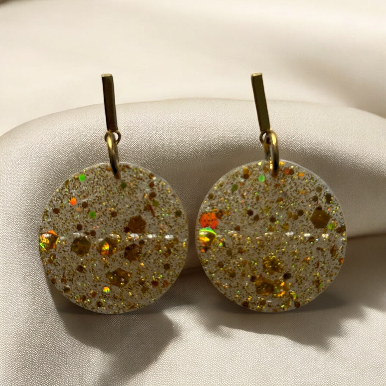 Gold Glitter Resin Earrings – Handmade Stainless Steel Jewellery