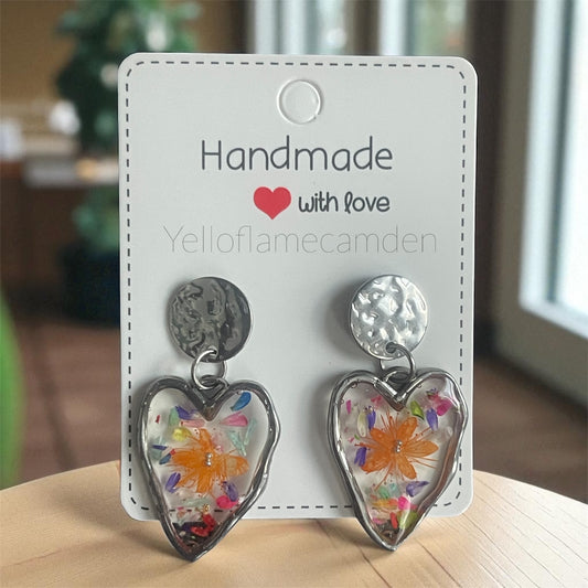 Silver-Tone Heart Resin Earrings with Pressed Flowers