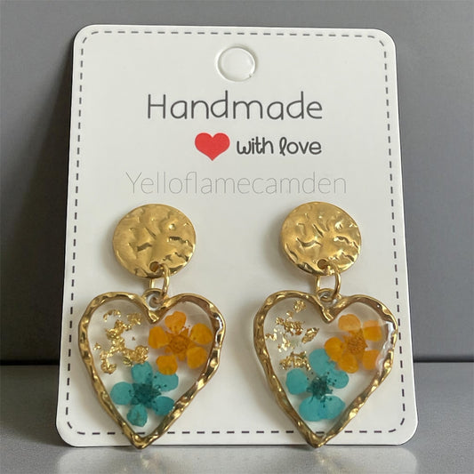 Gold-Tone Heart Resin Earrings with Pressed Flowers