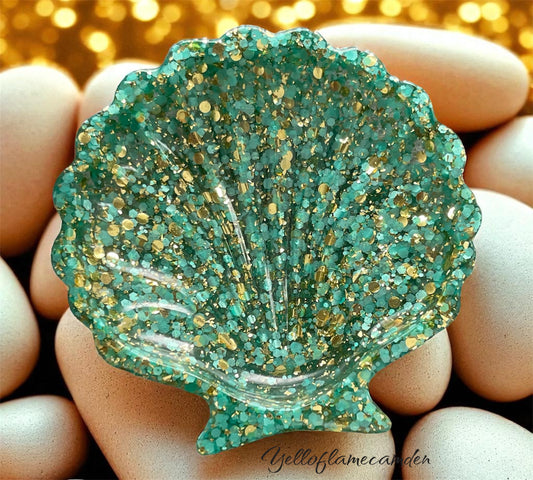 Teal and Gold Glitter Resin Shell Trinket Dish – Handmade Jewellery Holder – YelloFlameCamden