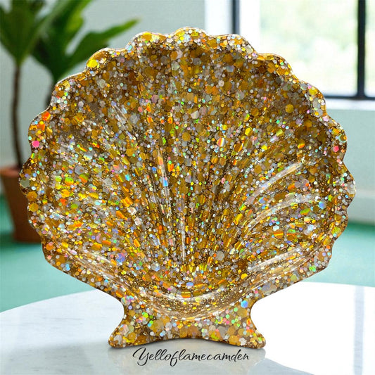 Gold Glitter Resin Shell Trinket Dish – Handmade Jewellery Holder – YelloFlameCamden