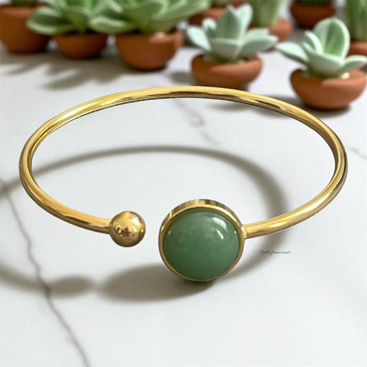 Gold Stainless Steel Bangle with Green Aventurine