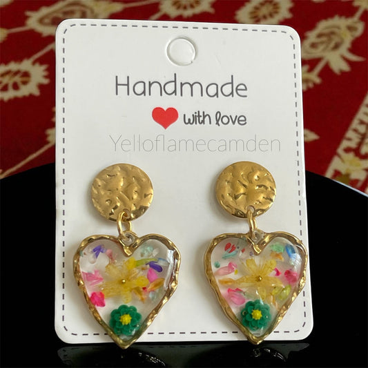 Gold-Tone Heart Resin Earrings with Pressed Flowers