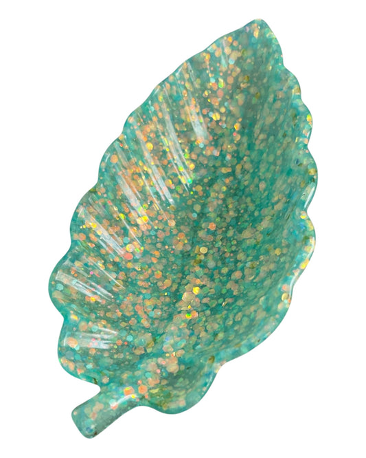 Handmade Resin Decorative Turquoise/Aqua Green Glitter Leaf Tray