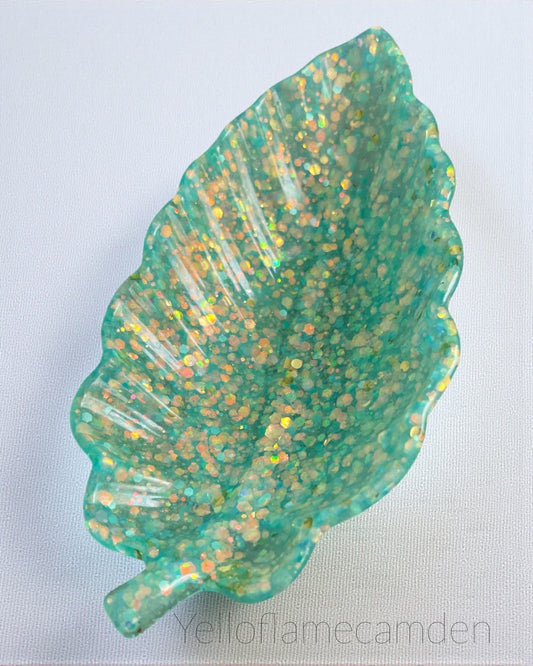 Handmade Resin Decorative Turquoise/Aqua Green Glitter Leaf Tray
