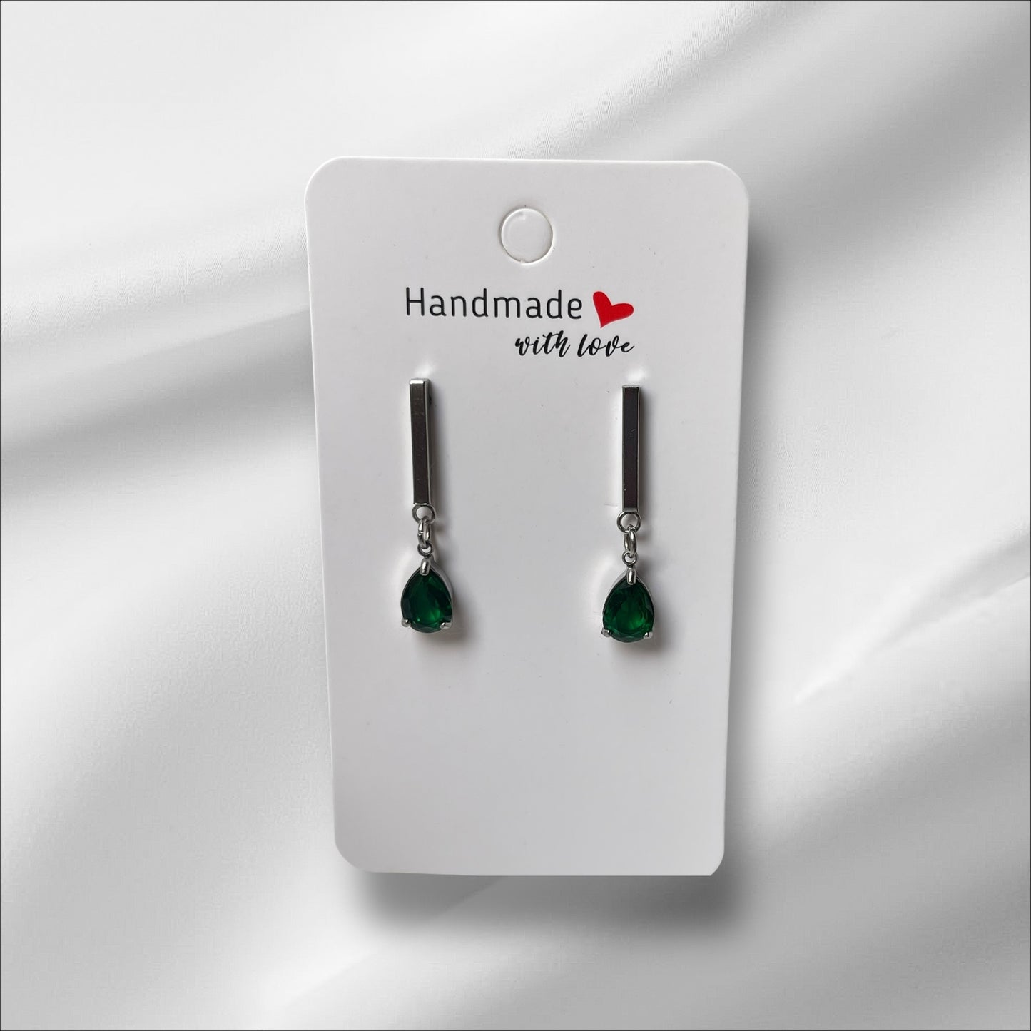Handmade Zircon Drop Earrings – Emerald Green & Crystal Clear