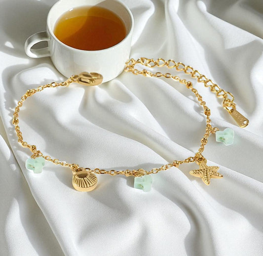 Gold Coastal Charm Bracelet – Starfish, Shell & Mint Beads