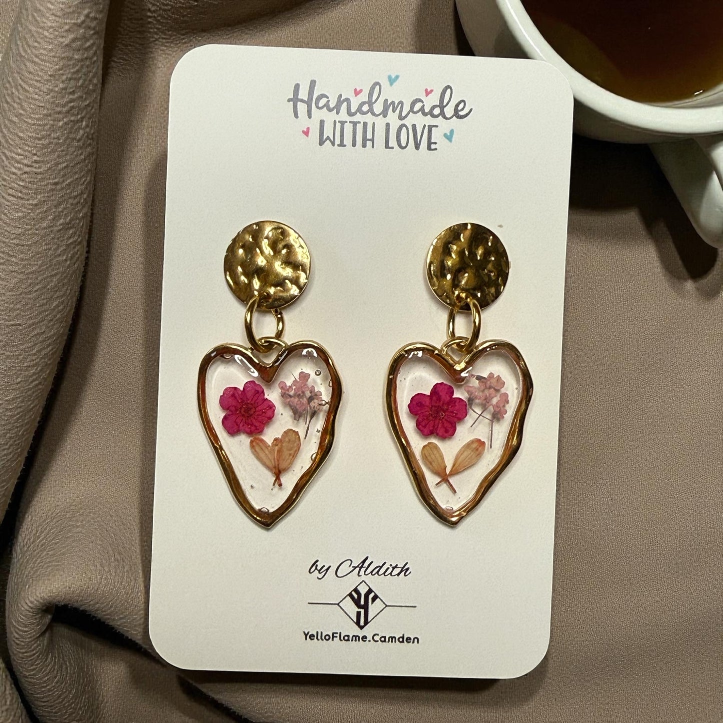 Pressed Flower Heart Earrings