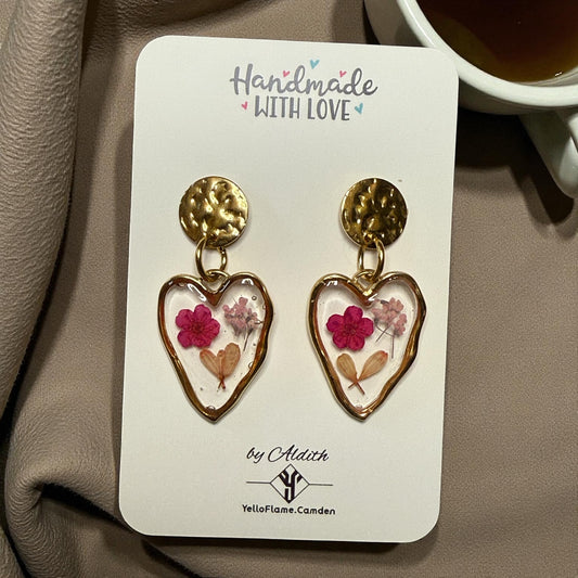 Pressed Flower Heart Earrings