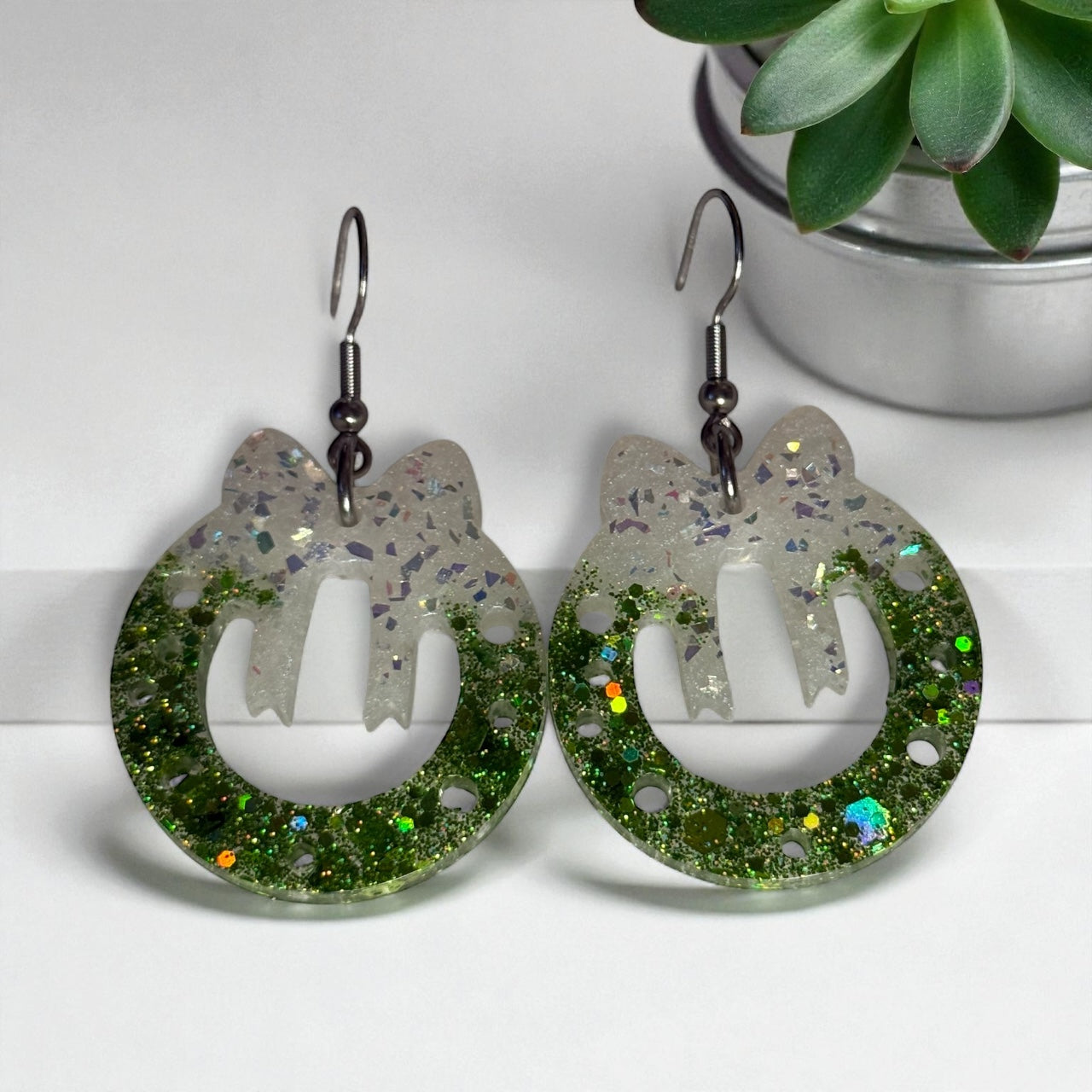 Christmas Green & White Glitter Hoop Earrings