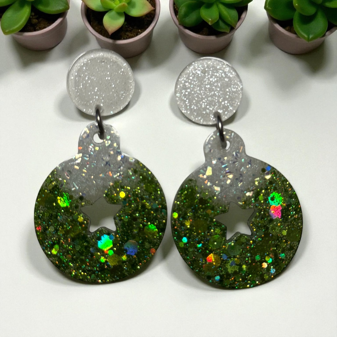 Green Glitter Christmas Star Drop Earrings