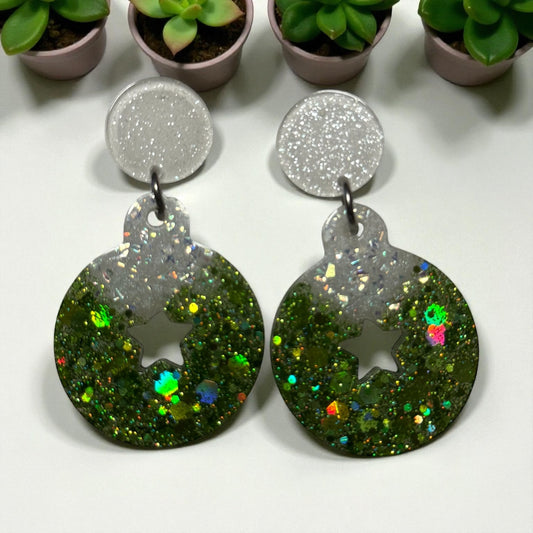 Green Glitter Christmas Star Drop Earrings
