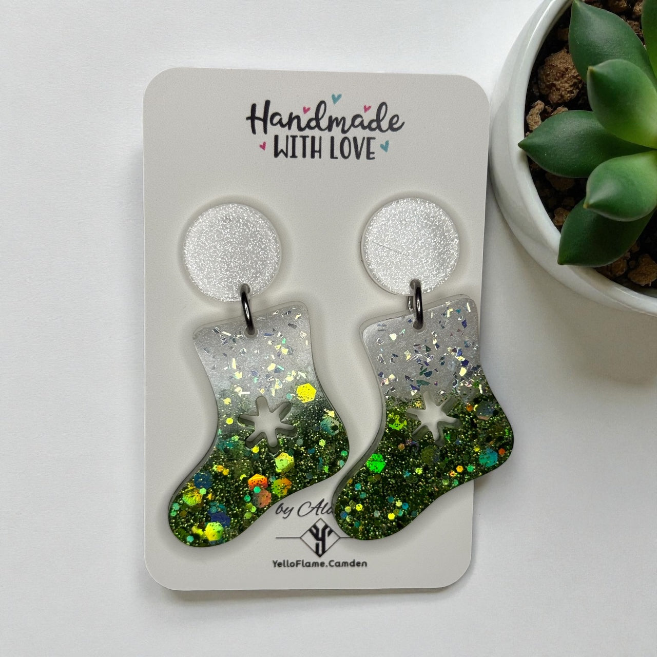 Green Glitter Christmas Stocking Earrings