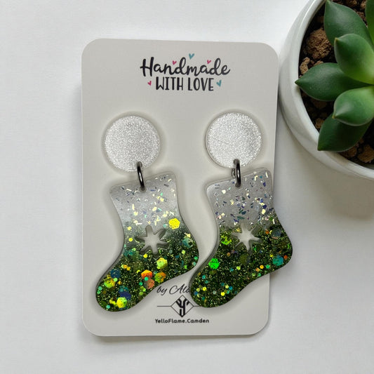 Green Glitter Christmas Stocking Earrings