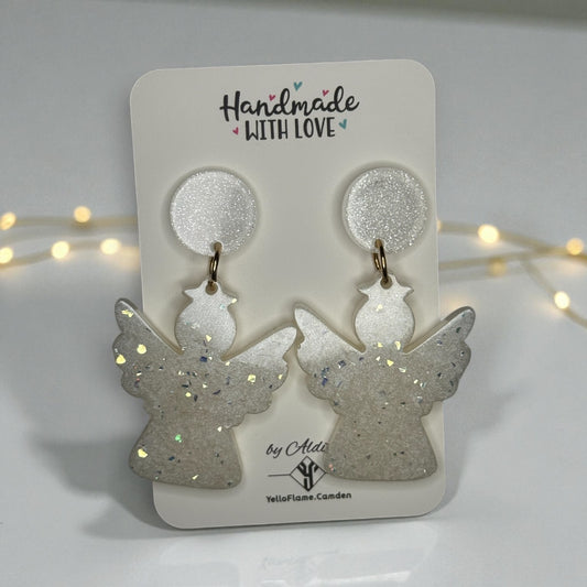 White Glitter Christmas Angel Earrings