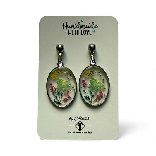Handmade Oval Botanical Drop Earrings (Silver)