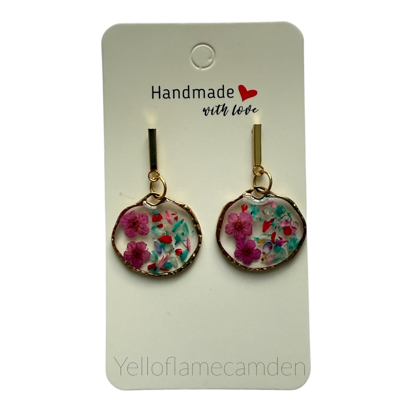 Handmade Pink Floral Gold-Frame Earrings