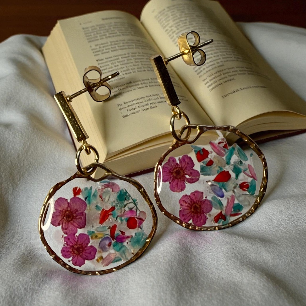 Handmade Pink Floral Gold-Frame Earrings