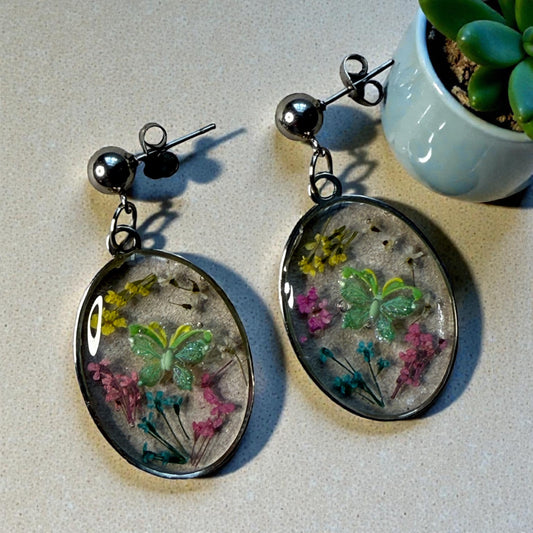 Handmade Oval Botanical Drop Earrings (Silver)