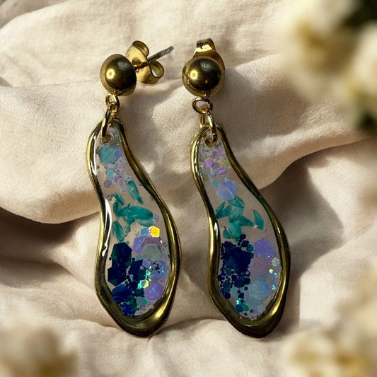 Handcrafted Iridescent Abstract Resin Gold-Frame Drop Earrings – Blue & Teal Blend