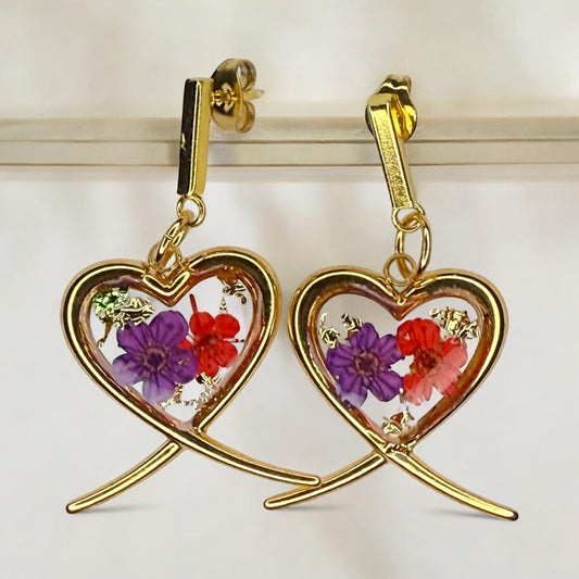 Handmade Heart Frame Resin Earrings – Gold Tone with Pressed Flowers