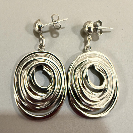 Stainless Steel Abstract Spiral Drop Earrings – Silver Tone