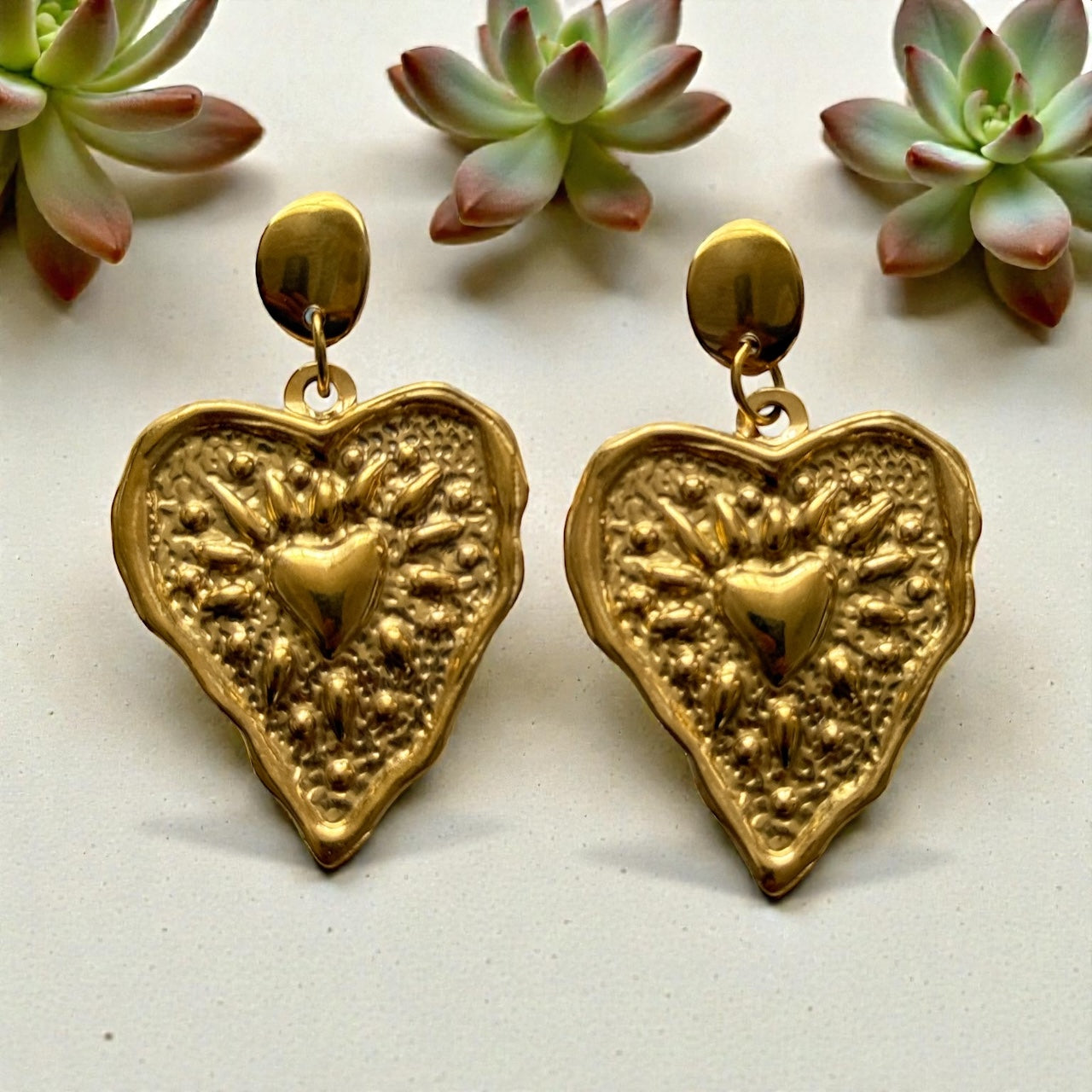 Embossed Gold Heart Earrings | 6cm Drop Statement Jewellery