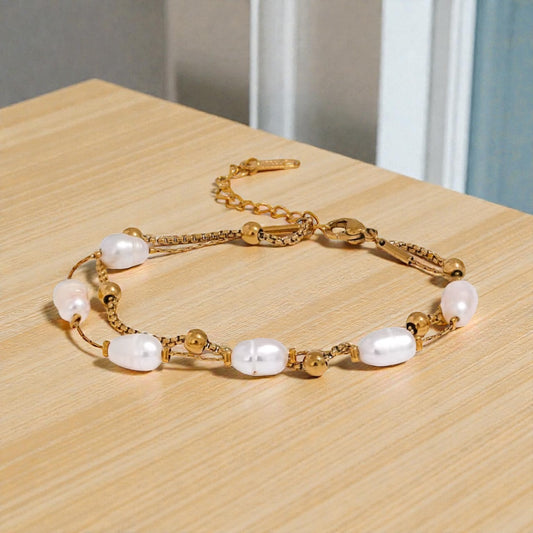 Freshwater Pearl & Gold Plated Stainless Steel Bracelet