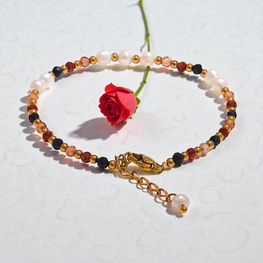 Natural Stone & Freshwater Pearl Gold-Plated Bracelet | PVD Gold Stainless Steel