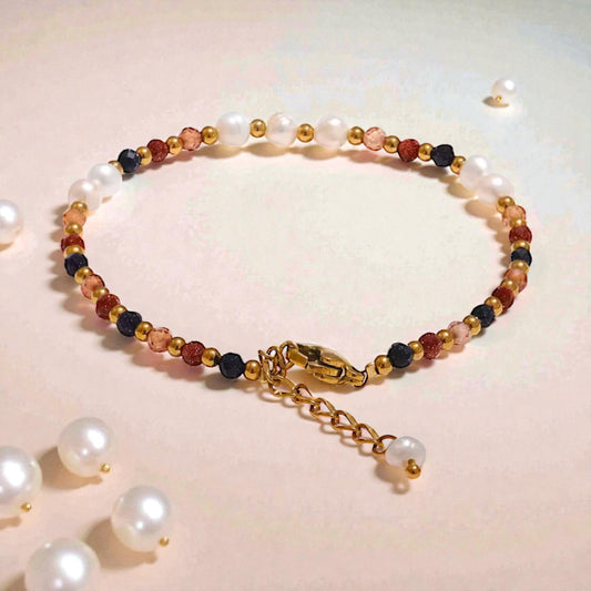 Natural Stone & Freshwater Pearl Gold-Plated Bracelet | PVD Gold Stainless Steel