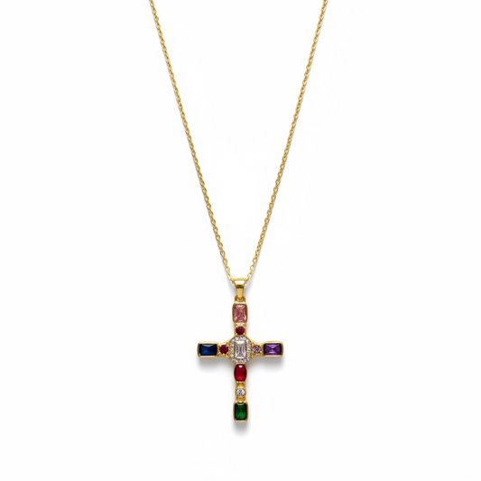 Multicolour Gem Cross Necklace – 18K Gold Plated Stainless Steel